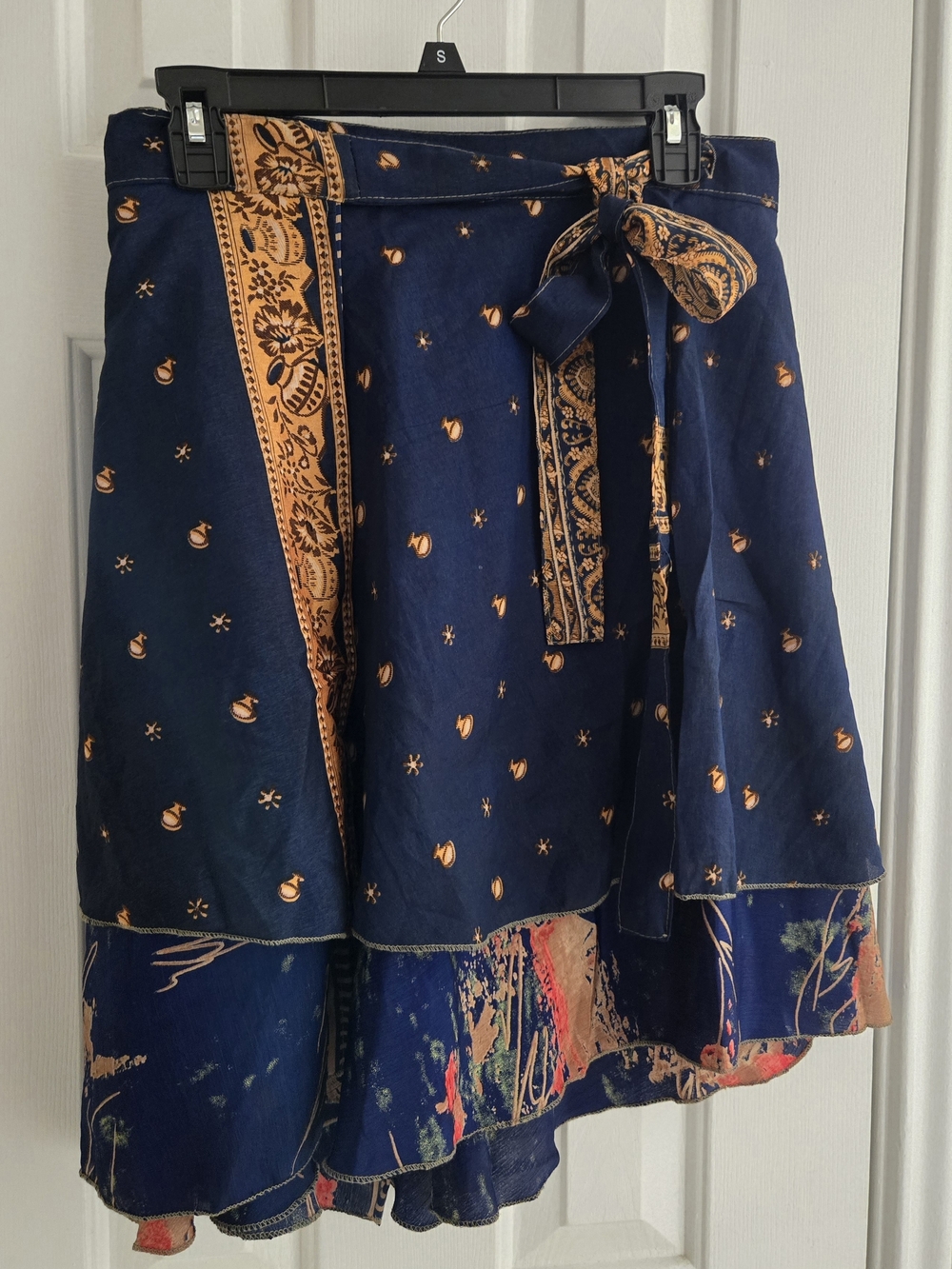 Earthbound Navy Mustard Print Tie-Waist Wrap Flared Circle Skirt NWT